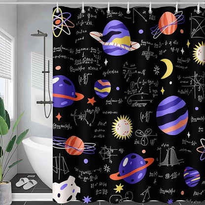 AILONEN Solar System Shower Curtain,Math Galaxy Purple Planet Bath Curtain for Bathroom Decor,Cartoon Planet Polyester Waterproof with 12 Plastic Hooks 72" W*78" H