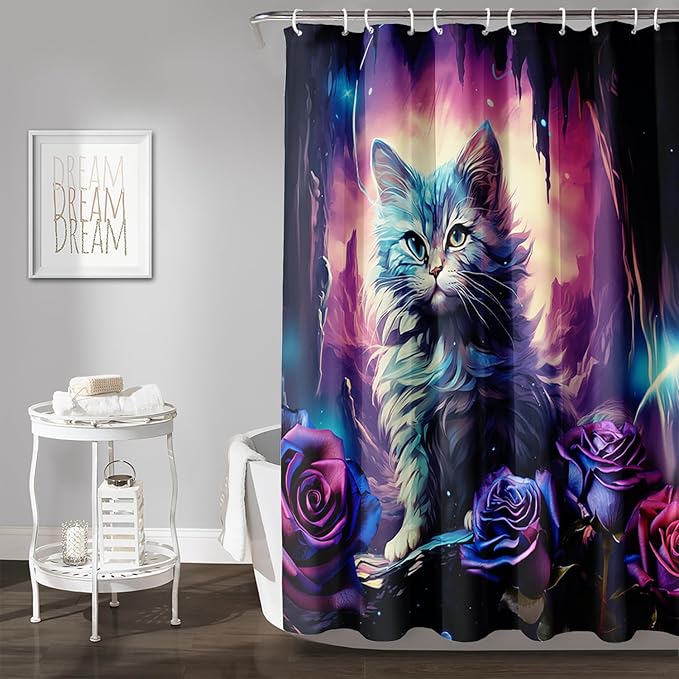 AILONEN Cool Cat Shower Curtains,Purple Rose Cat Bath Curtains for Bathroom Decor,Cave Cat Curtains for Kids,48" W*72" H Polyester Waterproof with 12 Plastic Hooks