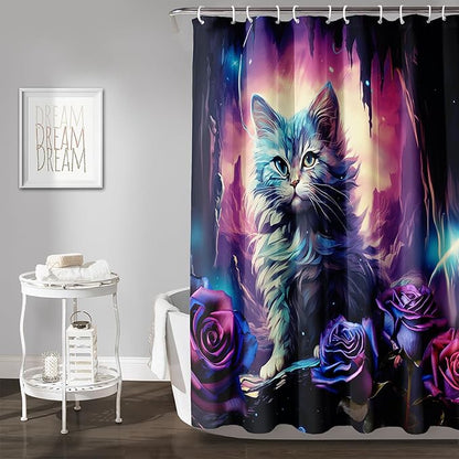 AILONEN Cool Cat Shower Curtains,Purple Rose Cat Bath Curtains for Bathroom Decor,Cave Cat Curtains for Kids,72" W*72" H Polyester Waterproof with 12 Plastic Hooks