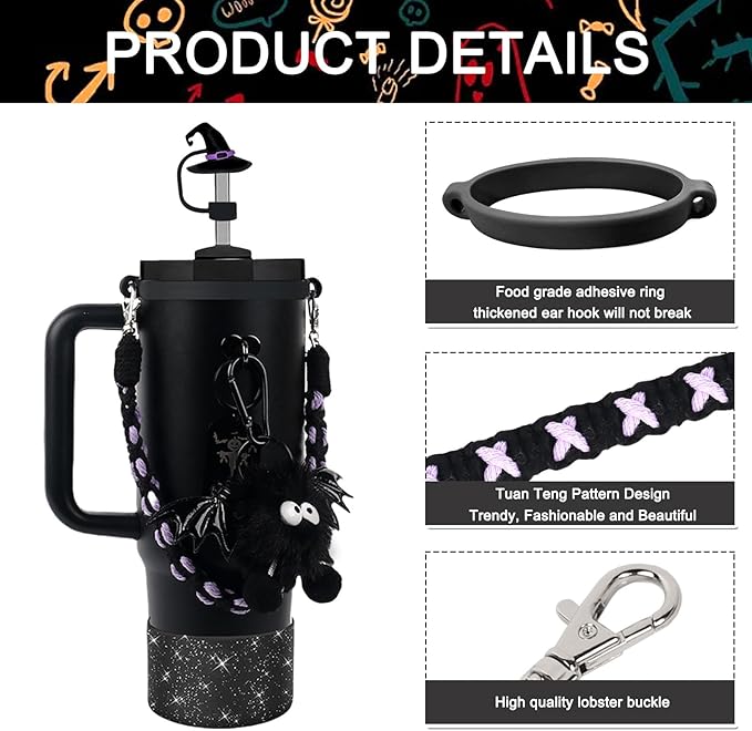 BELSITA Stanley Cup Accessories Set, Black Bird Chain Braided Design Water Bottle Handle Strap, Black Glitter Silicone Stanley Cup Boot, Stanley Charms for Stanley Cup 30/40oz Tumble (Halloween 2)
