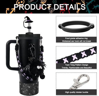 BELSITA Stanley Cup Accessories Set, Black Bird Chain Braided Design Water Bottle Handle Strap, Black Glitter Silicone Stanley Cup Boot, Stanley Charms for Stanley Cup 30/40oz Tumble (Halloween 2)