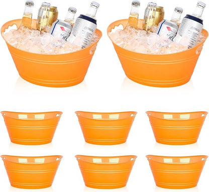 8Pcs Ice Bucket, Plastic Ice Buckets for Parties, Drink Buckets with Handles Beverage Buckets Oval Storage Plastic Tub for Wine Beer Champagne Bottles, 4.3Liter (set-4-orange)