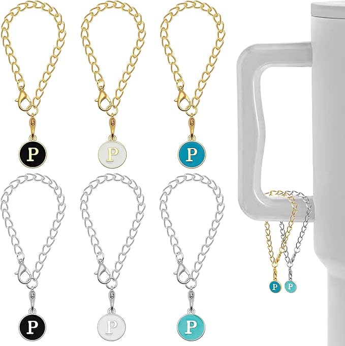 6PCS Letter Charm Accessories for Stanley Cup, Name ID Letter Handle Charm for Stanley Handle Identification Letter Pendant Handle Decoration for Stanley Tumbler Charms (Letter P)