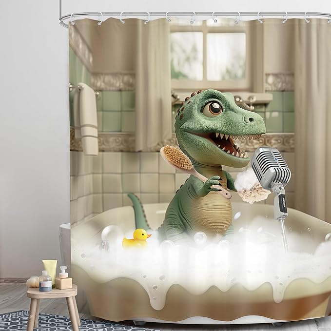 LGhtyro Kids Funny Dinosaur Shower Curtain Bathroom Set 60Wx71H Inches Boys Cartoon Dino Singing in Bathtub Cute Trex Animal Raptor Child Bath Accessories Bubbles Art Home Decor Fabric 12 Pack Hooks