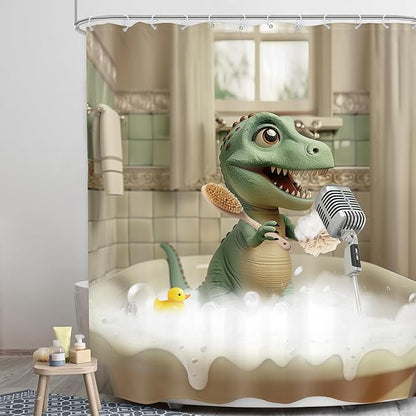 LGhtyro Kids Funny Dinosaur Shower Curtain Bathroom Set 60Wx71H Inches Boys Cartoon Dino Singing in Bathtub Cute Trex Animal Raptor Child Bath Accessories Bubbles Art Home Decor Fabric 12 Pack Hooks
