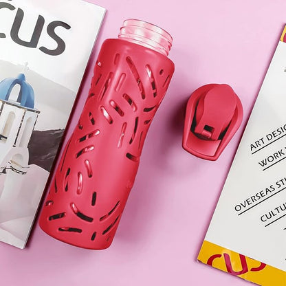 25oz Glass Water Bottles with Silicone Sleeve, 3 Different Lids (BPA Free) for Wide Mouth Glass Drink Bottles for Fitness and Outdoor (Red)