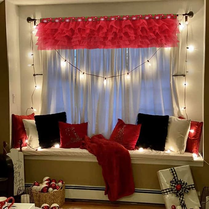 Red Valance Tulle Valance Curtains for Kitchen Girl Bedroom Windows Baby Living Room Nursery Door Bathroom Christmas Decorations 52" × 16"