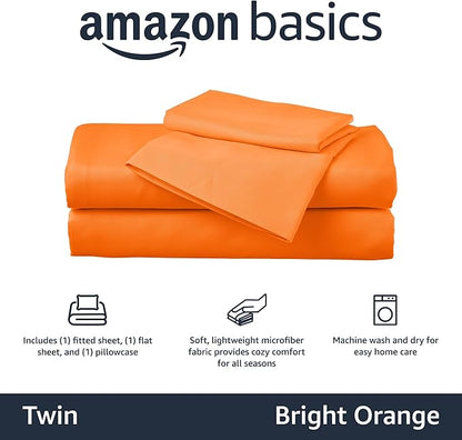Amazon Basics Kid's Soft Easy-Wash Lightweight Microfiber 3-Piece Sheet Set, Twin, Bright Orange, Solid