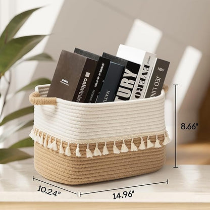 TeoKJ Woven Storage Bin Set of 3, Cotton Rope Basket for Storage, Clothes Boho Storage Basket Bin for Organizing and Storage, Fabric Storage Basket for Books, Plants, Pet Treats, White & Jute