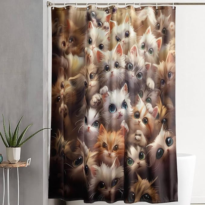 AILONEN Kawaii Cat Shower Curtain for Kids Boys,Lovely Hairy Cat Fabric Shower Curtains for Bathroom,Cute Animal Kittens Polyester Cloth Bath Curtain Set, 72" W*78" H