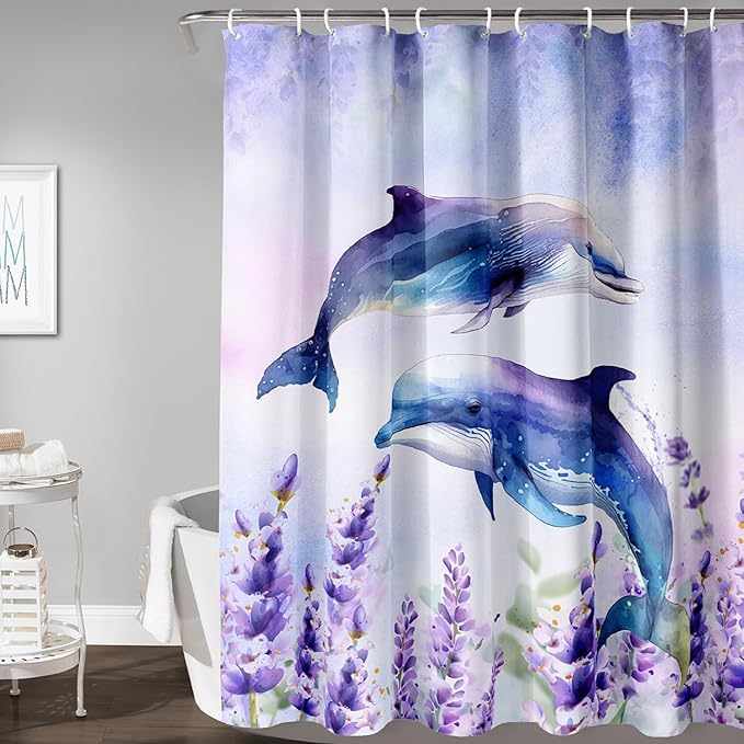 AILONEN Watercolor Dolphin Shower Curtain, Cute Dolphin Lavender Flower Bath Curtain,Modern Minimalist Purple Waterproof Fabric Shower Curtain Set with Hooks 36" W*72" H