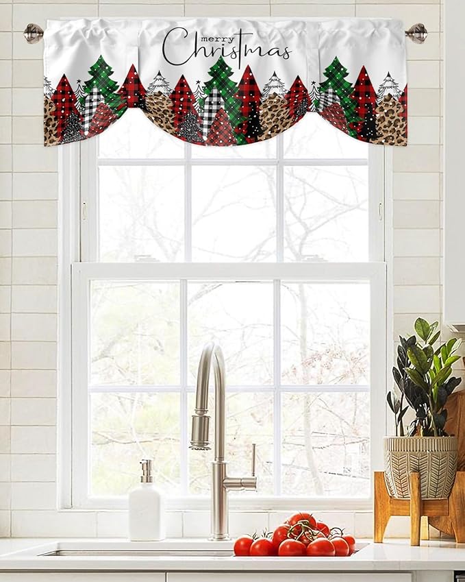 Merry Christmas Blackout Tie Up Valance Curtains for Kitchen Windows Buffalo Plaid Xmas Tree Winter Forest Farmhouse Window Toppers Balloon Shades for Living Room/Bath/Bedroom, 60" X 18", Red Green