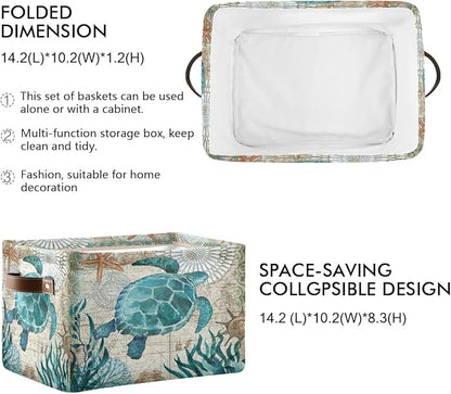 Sea Turtle Storage Basket Fabric Storage Bin Nautical theme Baskets Coastal Starfish Foldable Storage Boxes Organizer Bag for Baby Cloth Dog Toy Book Storage Cubes Shelf Closet Basket 16×12×8 Inches