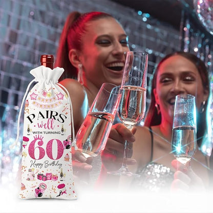 60th Birthday Gifts for Women Men Wine Bag, Cool Birthday Gifts for 60 Year Old Woman, 60th Birthday Party Decorations for Woman Men, Pairs Well with Turning 60 Wine Bags (White Pink)