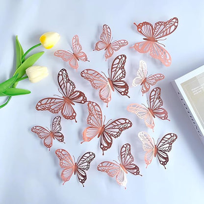 3D Butterfly Wall Decor 3 Sizes 4 Styles, Kurilai 48Pcs Butterfly Decorations Party Birthday Cake Decoration, Removable Wall Stickers for Kids Nursery Wedding Bedroom Room Decor (Rose Gold)