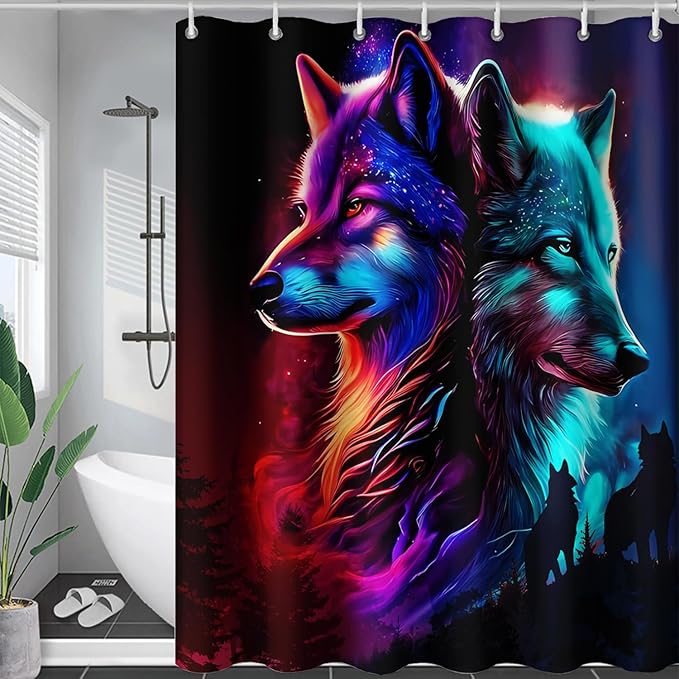 AILONEN Wolf Shower Curtain,Evening Howling Wolf Bath Curtain for Bathroom Decor,Wildlife Shower Curtain for Teens,Polyester Waterproof with 12 Plastic Hooks 72" W*84" H