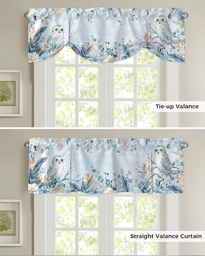 Blue Christmas Blackout Tie Up Valance Curtains for Kitchen Windows Winter Snowy Owl Poinsettia Eucalyptus Leaves Window Toppers Balloon Shades for Living Room/Bathroom/Bedroom,1 Panel, 54" X 18",