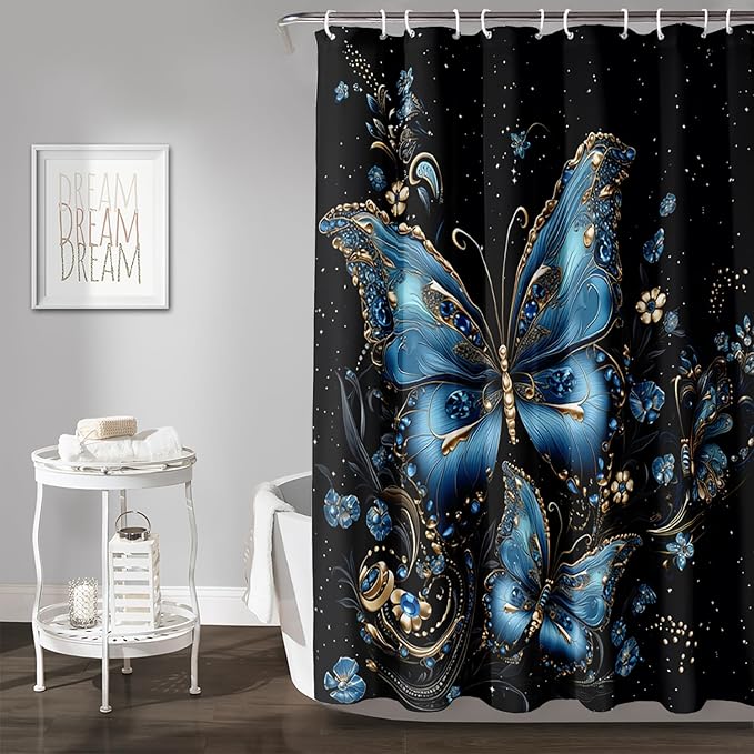 AILONEN Butterfly Shower Curtain for Bathroom, Blue Butterfly Waterproof Shower Curtain,Modern Fashion Minimalist Shower Curtain Bathroom Decor with 12 Plastic Hooks 72" W*96" H