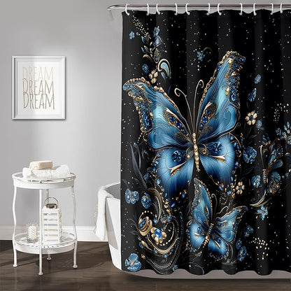 AILONEN Butterfly Shower Curtain for Bathroom, Blue Butterfly Waterproof Shower Curtain,Modern Fashion Minimalist Shower Curtain Bathroom Decor with 12 Plastic Hooks 72" W*72" H