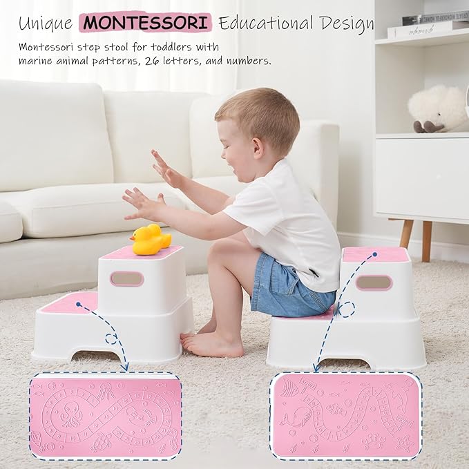 2 Step Stools for Toddlers, Kids Step Stool for Bathroom Sink, No Slip Step Stool for Toddlers Bathroom (2 Pack, White Pink)