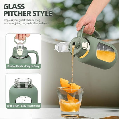 64 oz Glass Water Bolttles Half Gallon Large Motivational Water Bottle with Time Marker Sports Water Bottles with Silicone Sleeve and Handle Lid Water Jug for Gym Workout-1 Pack