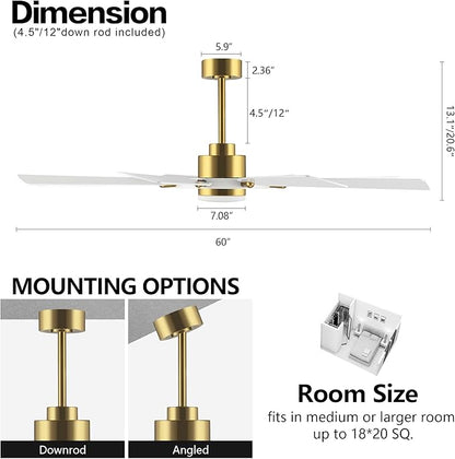 60" Ceiling Fan with Lights and Remote Control, Wood 8 Blades 6-Speed Noiseless Reversible DC Motor, Modern Large Ceiling Fan for Office Bedroom Dining Living Room, Gold Finish+White