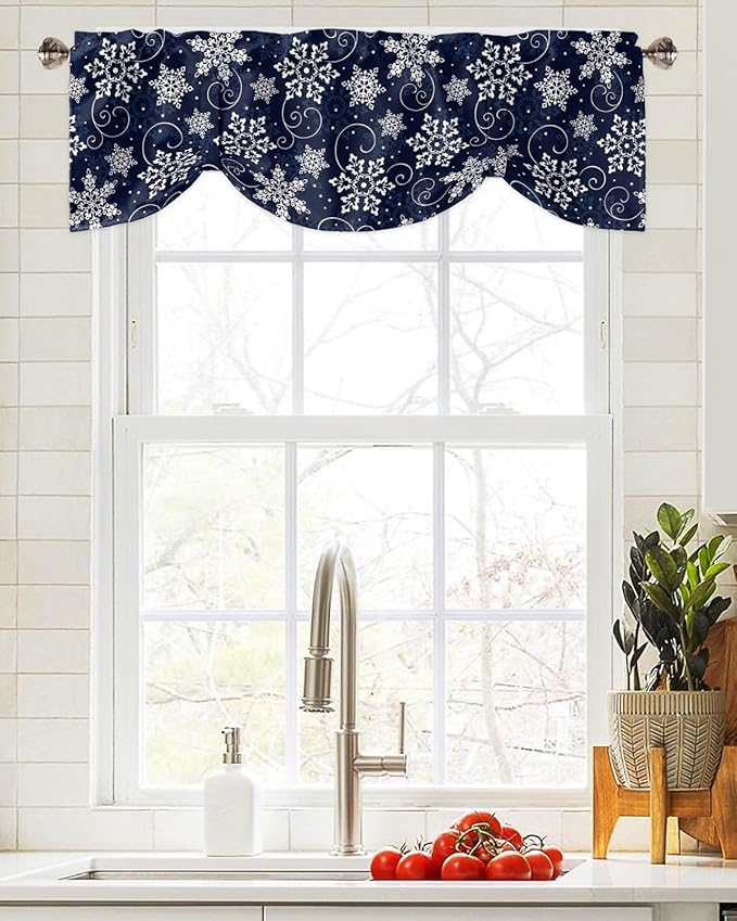 Christmas Blackout Tie Up Valance Curtains for Kitchen Windows White Navy Snowflakes Pattern Window Toppers Balloon Shades for Living Room/Bathroom/Bedroom,1 Panel, 42" X 12", Winter