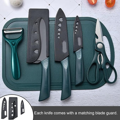 Magicorange 7-Piece Kitchen Knife Set - 5 Black Stainless Steel Knives with Sheaths, Cutting Board, and a Knife Block- Stainless Steel Kitchen Knives with PP Ergonomic Handle (Green)