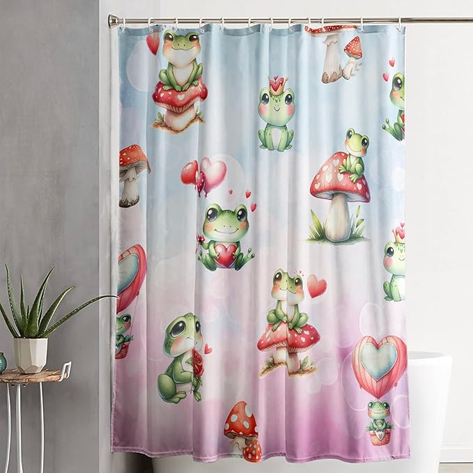 AILONEN Cartoon Frog Shower Curtain,Green Frog with Red Mushroom Roses Bathroom Curtain for Kids Boys Girls,Kawaii Amphibian Animal Waterproof Fabric Shower Curtains for Bathroom,72" W*78" H