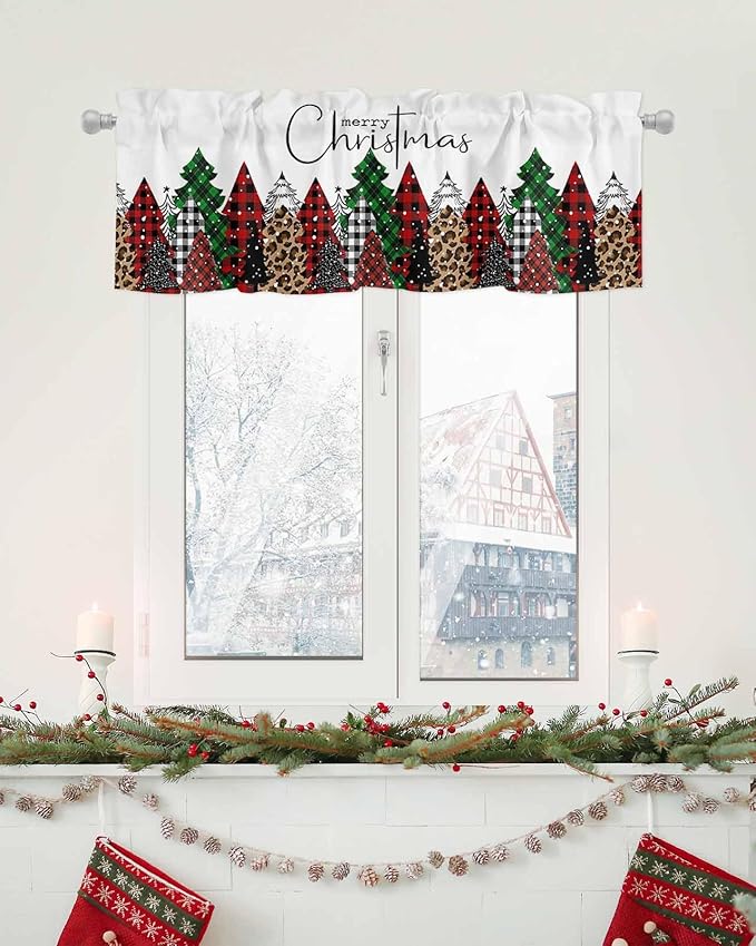 Merry Christmas Valance Curtains for Kitchen Windows Buffalo Plaid Xmas Tree Winter Forest Farmhouse Rod Pocket Window Treatment Toppers for Kitchen/Living Room/Bedroom/Bathroom, 42" X 18",Red Green