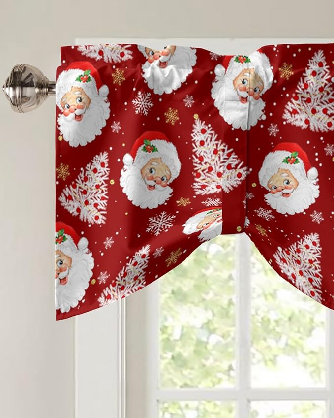 Red Christmas Blackout Tie Up Valance Curtains for Kitchen Windows Santa Claus Merry Christmas Tree Window Toppers Balloon Shades for Living Room/Bathroom/Bedroom,1 Panel, 42" X 12", Winter Snowflake