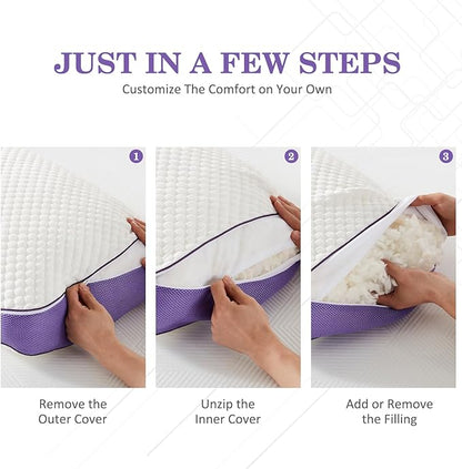 HOMELAB Adjustable Shredded Memory Foam Pillows Queen Size, Cooling Bed Pillows for Sleeping with Removable Cover, Medium Pillows for Side Stomach & Back Sleepers, 2 Packs 20"x28"