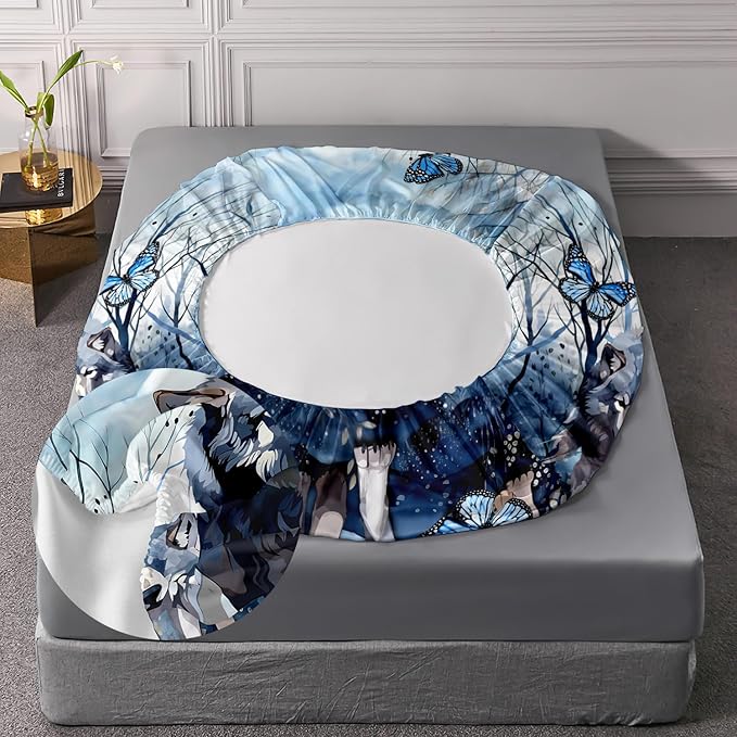 AILONEN Wolf Fitted Sheet Set Twin Size for Boys Girls Animal Wolf Wildlife Bed Sheet Set,Tie Dye Wolf Fitted Sheet with 2 Pillowcases,3 Pieces Safari Wolves Print Bed Sheet Set