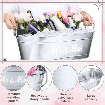 2 Pcs Wedding Mr and Mrs 5.5 Gallons Galvanized Beverage Stainless Steel Ice Buckets Tubs with Handles, Large Drink Wine Cooler Bins for Parties Farmhouse Garden Bar Christmas (Mr and Mrs)