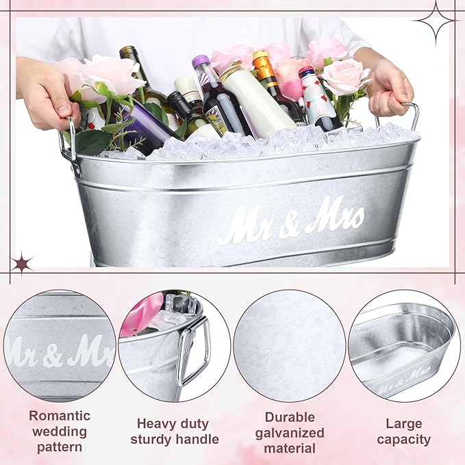 2 Pcs 5.5 Gallons Galvanized Tubs,Large Beverage Tubs,Drink Buckets for Parties with Handles,Metal Ice Buckets for Parties Galvanized Bucket for Wedding Halloween Christmas(Mr and Mrs)