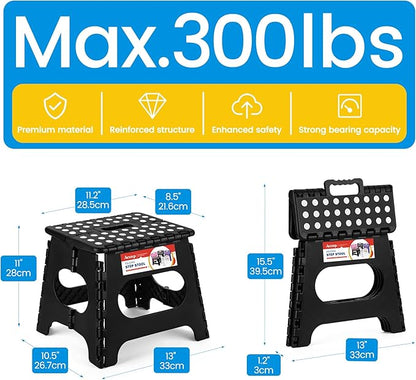 ACSTEP Folding Step Stool for Adults-11 Height Lightweight Plastic Stepping Stool. Foldable Step Stool Hold up to 300lbs Non Slip Collapsible Stool Black