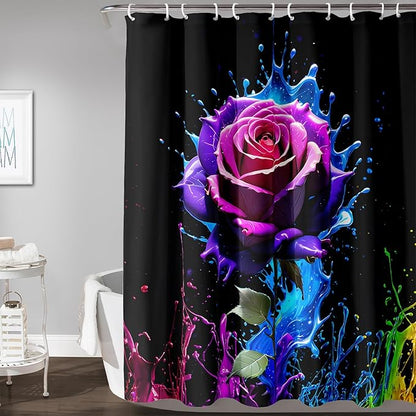 AILONEN Purple Rose Flower Shower Curtain for Bathroom,Splash-Ink Rose Bath Curtain for Kids Girls Women,Romantic Minimalism Curtain Waterproof with 12 Plastic Hooks, 48" W*72" H