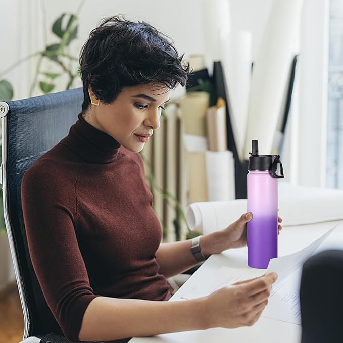 Volhoply 24oz Insulated Water Bottle With Straw Bulk 3 Pack,Metal Wide Mouth Water Bottles With Handle Keep Cold,Reusable Double Wall Thermos,Powder Coated Sport Bottle For Holder(Purple,3 Count)