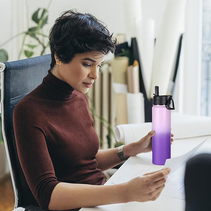 Volhoply 24oz Insulated Water Bottle With Straw Bulk 3 Pack,Metal Wide Mouth Water Bottles With Handle Keep Cold,Reusable Double Wall Thermos,Powder Coated Sport Bottle For Holder(Purple,3 Count)