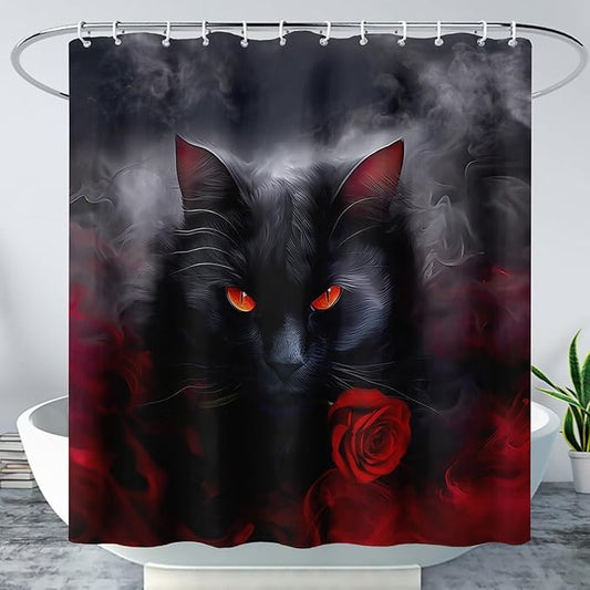 AILONEN 3D Black Cat Shower Curtain,Cat with Red Rose Polyester Cloth Bath Curtain Set for Kids Boys,Fog with Flowers Waterproof Shower Curtain for Bathroom, 72" W*72" H Black