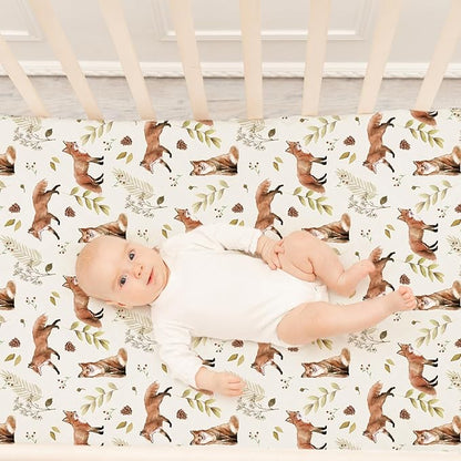 ACRABROS Crib Sheets for Girl Boy: Stretchy Baby Fitted Crib Mattress Sheets Sets 2 Pack Standard Size Ultra Soft Neutral, Fox&Leaf