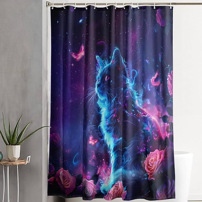 AILONEN 3D Rose Cat Shower Curtain Set, Beautiful Kitten with Butterfly Shower Curtain Liner for Kids Boys Girls,Boho Galaxy Shower Curtain for Bathroom,36" W*72" H