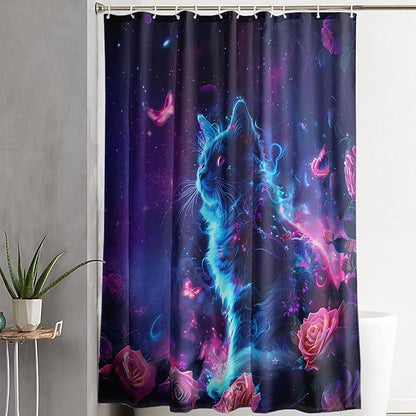 AILONEN 3D Rose Cat Shower Curtain Set, Beautiful Kitten with Butterfly Shower Curtain Liner for Kids Boys Girls,Boho Galaxy Shower Curtain for Bathroom,36" W*72" H