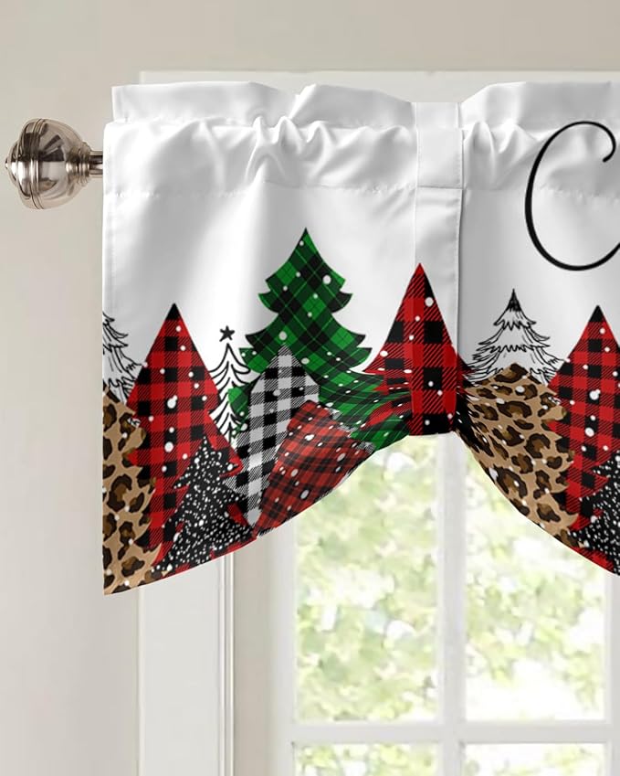 Merry Christmas Blackout Tie Up Valance Curtains for Kitchen Windows Buffalo Plaid Xmas Tree Winter Forest Farmhouse Window Toppers Balloon Shades for Living Room/Bath/Bedroom, 54" X 18", Red Green