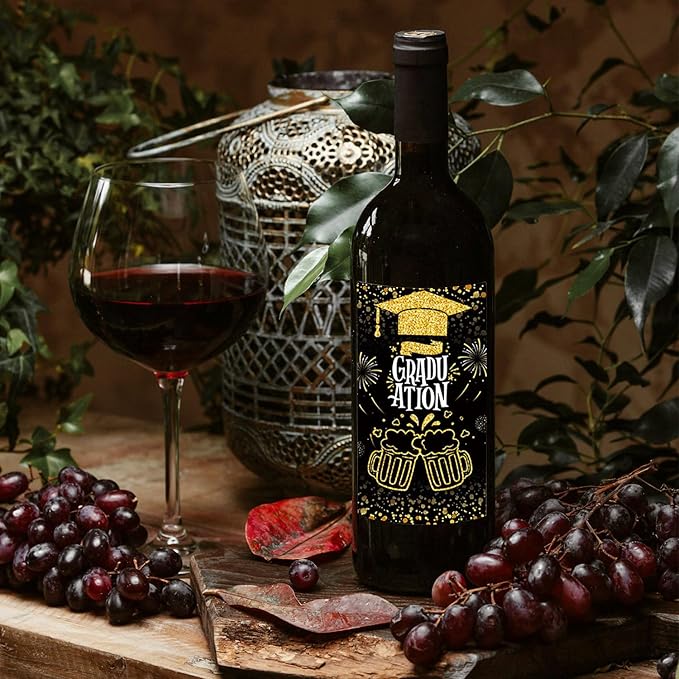 8 Pieces 2024 Graduation Wine Bottle Labels Class of 2024 Wine Bottle Stickers Black Golden Congrats Grad Wine Bottle Cover Decorations for College University Graduation Party Supplies