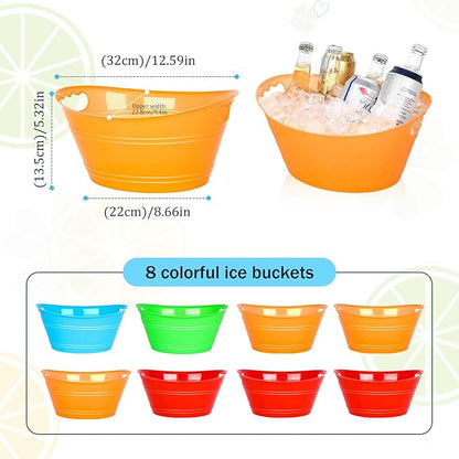 8Pcs Ice Bucket, Plastic Ice Buckets for Parties, Drink Buckets with Handles Beverage Buckets Oval Storage Plastic Tub for Wine Beer Champagne Bottles, 4.3Liter (set-1)