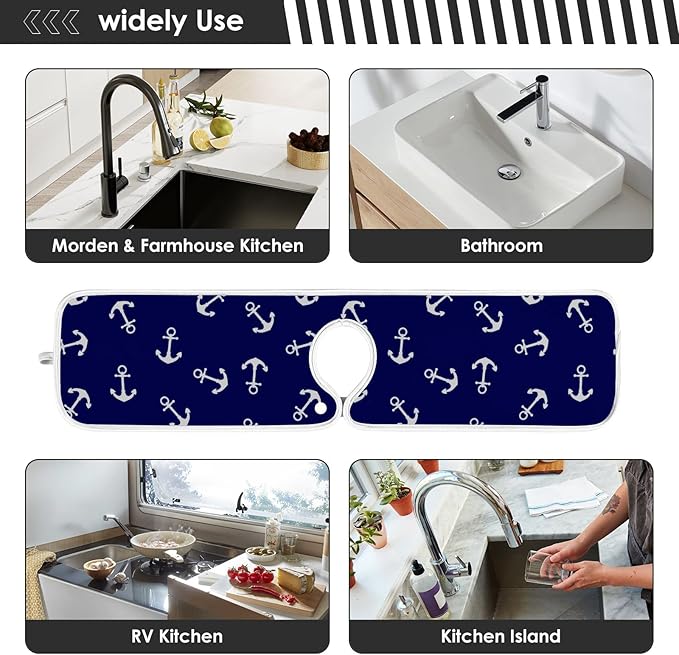 Nautical Theme Anchor Faucet Water Catcher Mat 2 Pack Navy Blue Sea Coastal Drying Mat Absorbent Bathroom Faucet Handle Drip Catcher Tray Bar RV Kitchen Sink Splash Guard 30x5 Inches