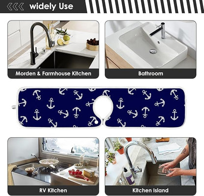 Nautical Theme Anchor Faucet Water Catcher Mat 2 Pack Navy Blue Sea Coastal Drying Mat Absorbent Bathroom Faucet Handle Drip Catcher Tray Bar RV Kitchen Sink Splash Guard 30x5 Inches