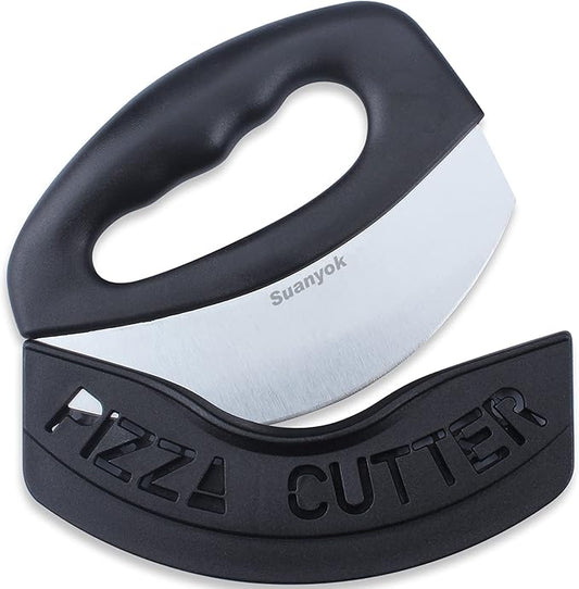 Premium Pizza Cutter Food Chopper-Super Sharp Blade Stainless Steel Pizza Cutter Rocker Slicer with Protective Sheath Multi Function Pizza Knife Kitchen Tools,Dishwasher Safe (Black)