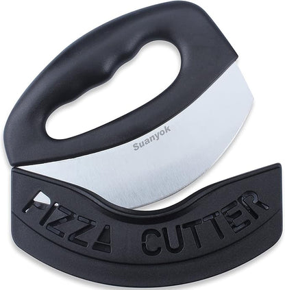Premium Pizza Cutter Food Chopper-Super Sharp Blade Stainless Steel Pizza Cutter Rocker Slicer with Protective Sheath Multi Function Pizza Knife Kitchen Tools,Dishwasher Safe (Black)